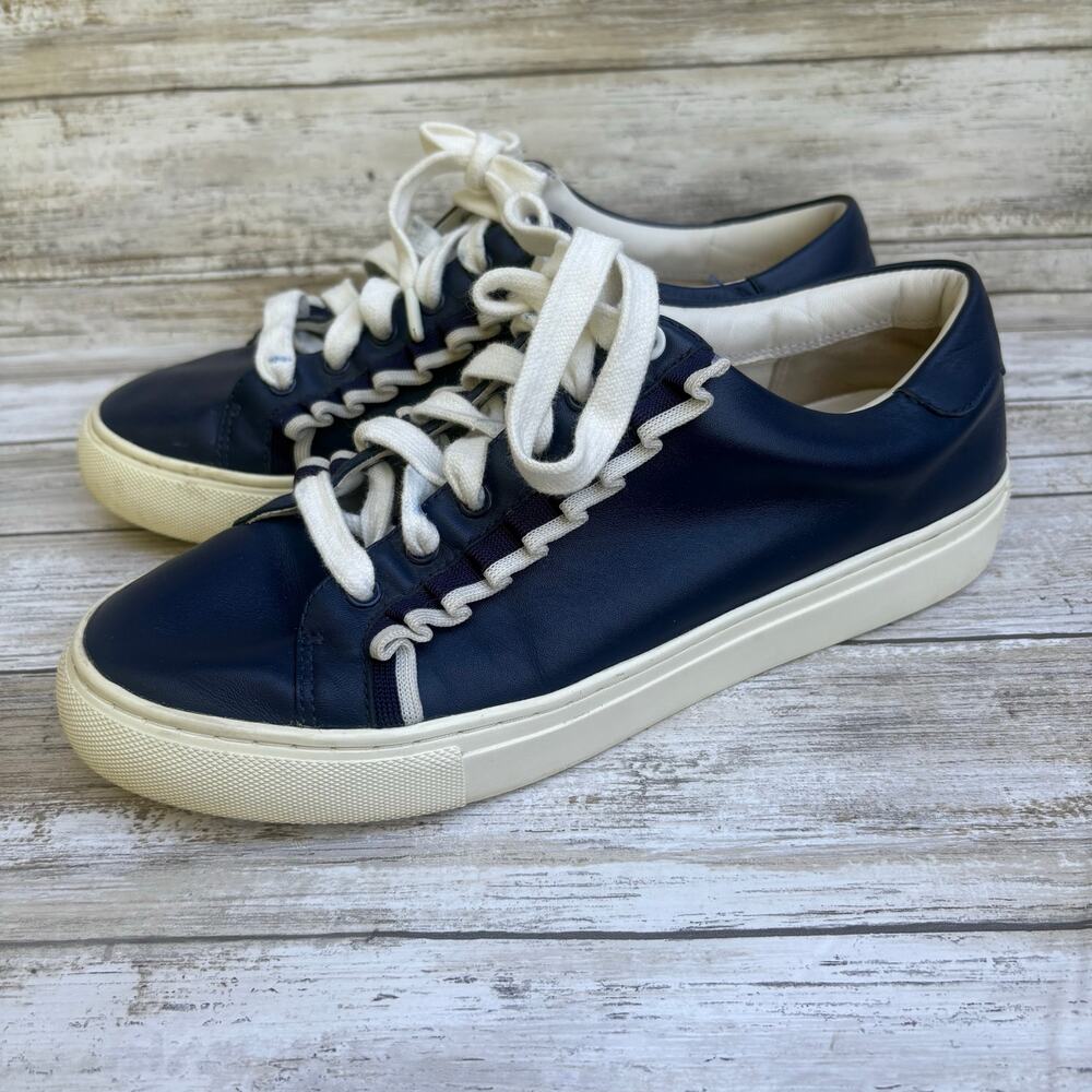 Tory Sport Tory Burch Ruffle Sneakers Sz 8 Navy Blue Lace Up Leather Low Top